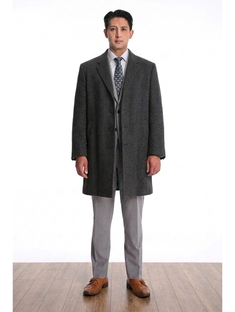 Ike Behar Donovan Herringbone Overcoat Gray Wool Blend Tailored Car Coat 42R GUC